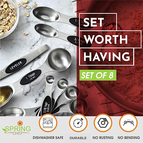 Spring Chef Stainless Steel Magnetic Measuring Spoons Set with Strong N45 Magnets, Heavy Duty Metal Kitchen Gadgets for Baking & Cooking, Fits in Most Kitchen Spice Jars, Set of 8 with Leveler, Black