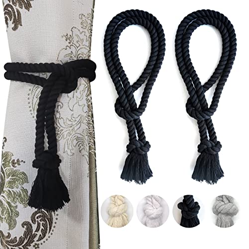 2 Pack Curtain tiebacks Rope, Outdoor Curtain Tiebacks, Natural Cotton Curtain Ties, Village Rural Rustic Farmhouse Curtain Holdbacks Curtain tie Backs Holders for Heavy Duty Drapes, Black