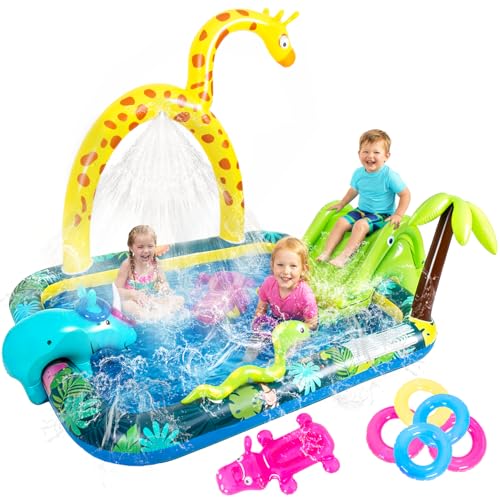 Inflatable Jungle Animal Play Center, Inflatable Water Park Kiddie Pool with Slide, Water Sprayer for Summer Outdoor Splash, Backyard and Garden 102.5" x75" x 54.5"