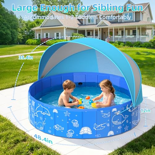 Kiddie Pool with Canopy, 48" Foldable Kids Baby Pool for Toddlers, Portable Small Swimming Pool Hard Plastic with Shade & Carry Bag for Beach Backyard Water Play