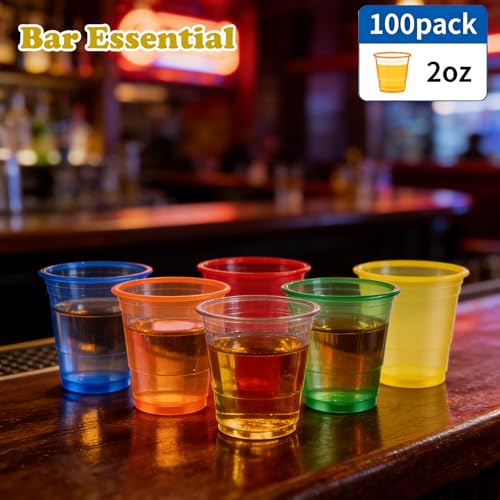 100 Pack 2 oz Clear Disposable Plastic Shot glasses, Mini Disposable Shot Cups for Winter Parties, Birthdays, Weddings, BBQs, Picnics & Daily Use(Neon)