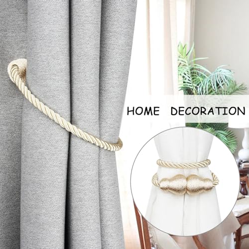 Magnetic Curtain Tiebacks Outdoor Curtain Tie Backs Rope Decorative Magnetic Curtain Holders for Drapes Window Treatment Holdbacks, Beige 2Pack