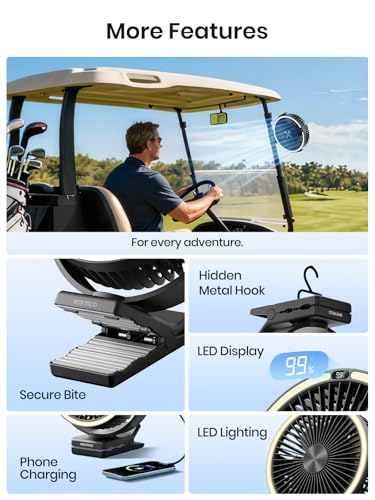Warmco 15000mAh Portable Clip on Fan Rechargeable, 8 Inch Battery Powered Desk Fan, LED Lantern & Hook, 360° Rotate & 4 Speeds Strong Airflow for Camping Tent Office Outdoor Travel Golf Cart