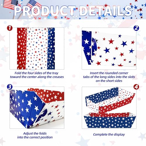 30 Pack Red, White, Blue Star Food Trays, Disposable Paper Serving Containers Boats for Popcorn, Snacks, Food Trucks, 4th of July, Memorial Day, BBQs, Patriotic Parties, Picnics, Summer Party Supplies