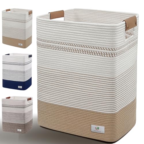 Laundry Hamper Large Laundry Basket with Leather Handles, Decorative Storage Cotton Rope Woven Basket for Blankets, Clothes Hamper for Living Room, Jute & White, 85L