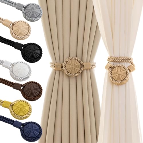 Curtain Tiebacks Magnetic Rope Curtain Tie Backs for Curtains 2 Pack Handmade Outdoor Window Curtain Holdbacks for Drapes, Beige