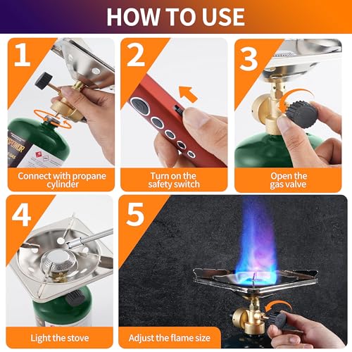 Propane Cylinder Top Stove with Adjustable Burner, 10000BTU Portable Camping/Backpacking Cooker,Camping Stove Propane,Single Burner Propane Stove with a USB Ligther,Camp Gas Stove(Fuel not included)