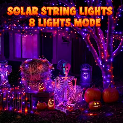 Dazzle Bright 2 Pack Purple and Orange Halloween Fairy String Lights, Total 80FT 240LED Solar Powered Fairy Lights with 8 Modes, Waterproof Copper