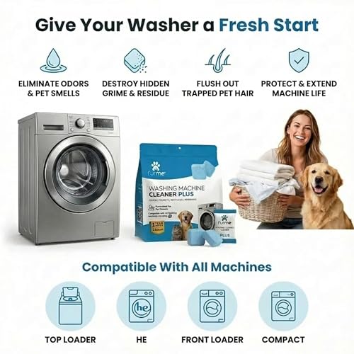 FURME Washing Machine Cleaner Tablets for Pet Owners – 24 Pack Deep Cleaning Descaler for HE Front & Top Load Washers – Removes Pet Hair Odor, Residue & Grime – Septic Safe – 12 Month Supply
