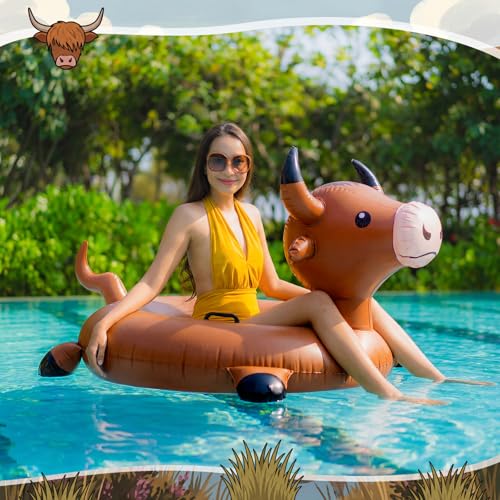 Jenaai Inflatable Highland Cow Pool Float for Adults 36" Funny Brown Cattle Blow up Swim Tube Ring Durable Water Accessory for Farm Theme Party Pool Beach Lake Summer Animal Shaped Floating Lounger