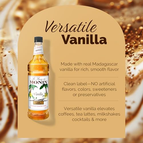 Monin - Vanilla Syrup | Pure & Rare Madagascar Vanilla, Premium Syrup for Coffee, Lattes & More | Clean Label with No Artificial Flavors, No Artificial Preservatives (BPA Free Bottle, 33.8 fl oz)