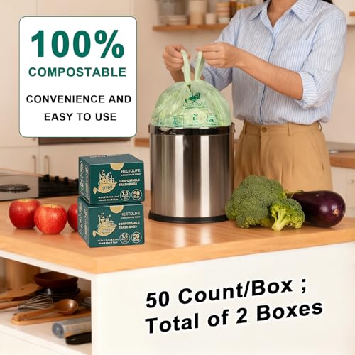 HECTOLIFE 1.6 Gallon 100 Count,Compostable Bags Handle Tie,Tear Resistant Kitchen Food Scrap Waste Bag, ASTM D6400, US BPI and Europe OK Compost Home Certified