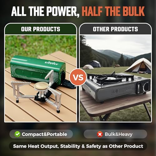 BIG HORN OUTDOORS Butane Camping Stove, Portable Folding Gas Burner with Carry Bag for Camping, Emergency Use and Outdoor Cooking