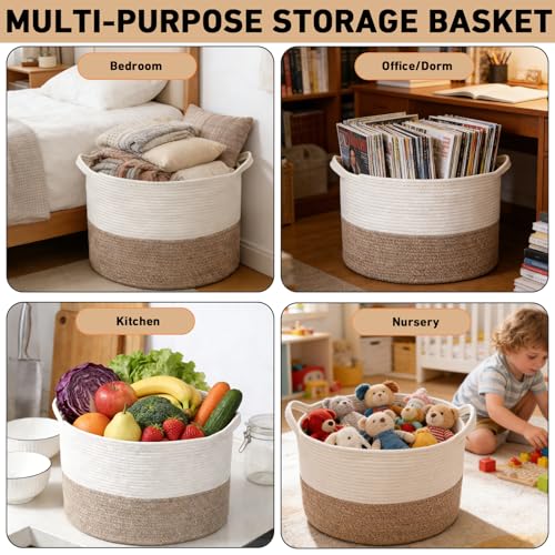 65L Large Woven Cotton Rope Blanket Basket with Handles, Laundry Hamper Storage Bin for Pillows, Clothes, Bedroom and Living Room Organization, White & Brown