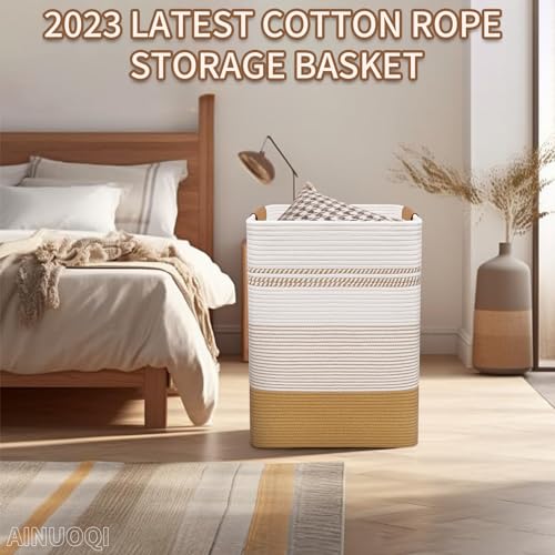 Laundry Hamper Large Laundry Basket with Leather Handles, Decorative Storage Cotton Rope Woven Basket for Blankets, Clothes Hamper for Living Room, Jute & White, 85L