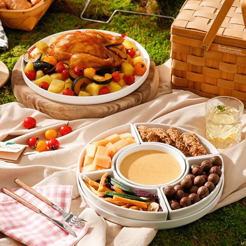 MALACASA Porcelain Divided Serving Dishes, Appetizers Tray, Serving Tray for Party - Perfect for Chips and Dip, Fruit, Veggies, Candy and Snacks, Divided Serving Platter, Relish Tray, White