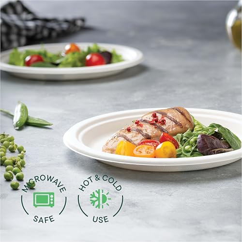 100% Compostable Paper Plates, Heavy Duty Disposable Plates 125-Pack 9 Inch Plates - Eco-Friendly, Biodegradable Sugarcane Bagasse - White Sturdy