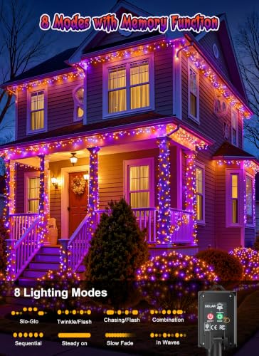 Brightown 2 Pack Solar Halloween Lights, 144ft 400 LED, Orange & Purple
