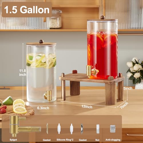2 PCS 1.5 Gallon Drink dispenser, Glass Beverage Dispenser With Wood Stand, Large Water Drink Dispensers for Parties With Stainless Steel Spigot, Ideal for Lemonade,Juice, Tea, and Party Drinks