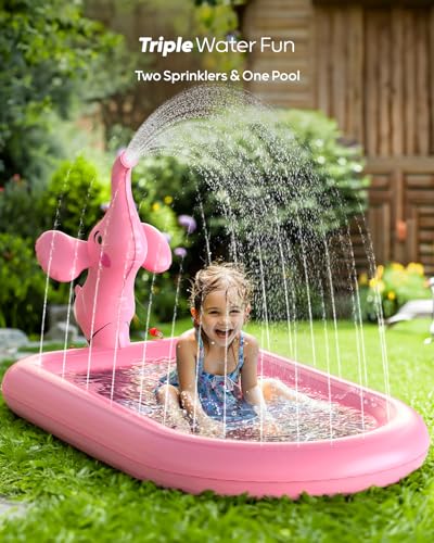 QPAU Splash Pads for Toddlers 1-3, Pink Elephant Toy Splash Pad for Kids, Outdoor Play Mat for Babies, Inflatable Sprinkler Pool for Birthday Girl Gifts 1 Year Old Girl
