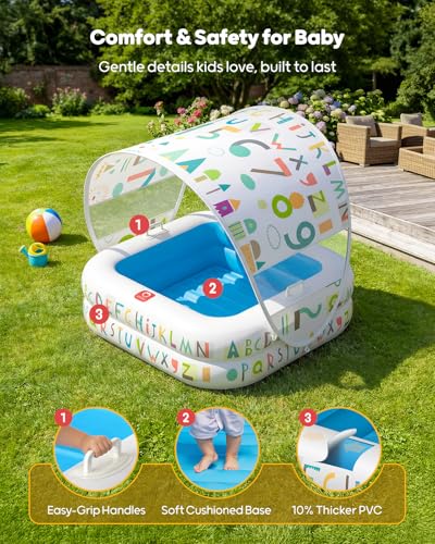 QPAU Baby Pool with Detachable Canopy for Sun Protection, 35" x 10" Portable Inflatable Kids Pool with Padded Bottom, Kiddie Pool & Ball Pit with Handles for Backyard and Indoor, Ages 1-3 (Blue)