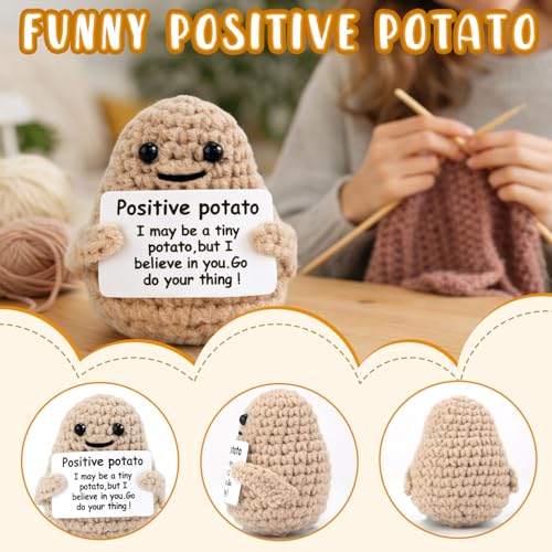 Mini Funny Knitted Wool Potato Toy with Positive Card - Creative Cute Crochet Doll Cheer Up Gift for Friends Parties Women Men Mothers Day Graduation Decoration and Encouragement