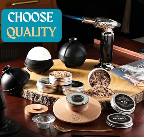 Whiskey Smoker Kit - Cocktail Smoker Kit with Torch, 2 Whiskey Glasses, 2 Ice Ball Makers, 6 Flavors Wood Chips - Old Fashioned Smokers - Bourbon Drink Smoking Set - Whiskey Accessories Gifts for Men