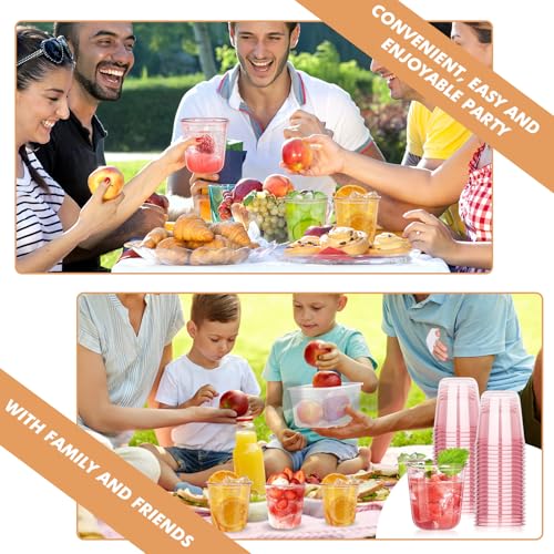 KesaPlan 50 Pcs Pink Plastic Cups, 12oz Disposable Stemless Wine Glasses for Cocktail Cute Clear Cocktail Wine Glasses Pink Party Cups