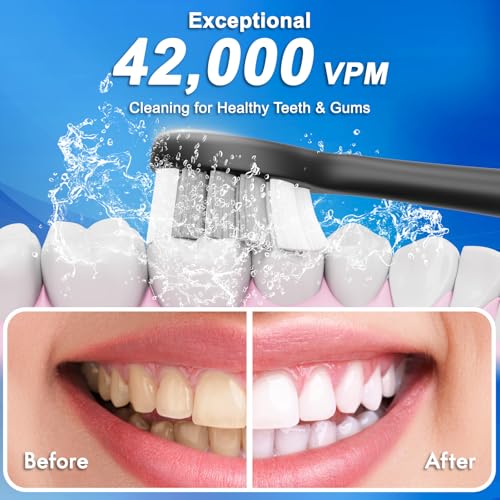 Kuicur Sonic Electric Toothbrush for Adults and Kids, Comes with 10 Brush Heads & Travel Case, 5 Modes with 2 Minutes Built in Smart Timer, One Charge for 90 Days, 42,000 VPM Motor (Black)