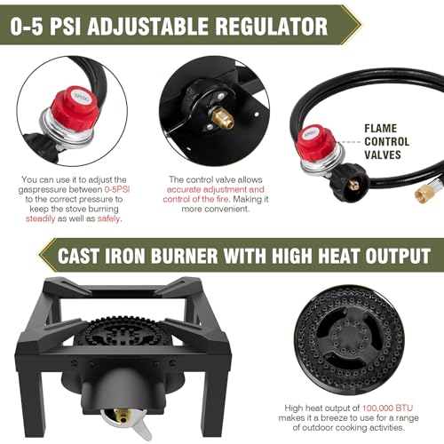 BESTFIRE Propane Burner, 100,000 BTUs High Pressure Single Propane Stove - Heat Shield and Guard, 4.1ft Adjustable Hose with Regulator, Gas Stove for Outdoor Cooking, Turkey Fry, Seafood Boil