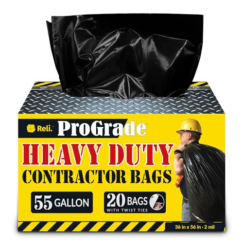 Reli. Contractor Garbage Bags 55 Gallon | 20 Trash Bags | Heavy Duty | Black Contractor