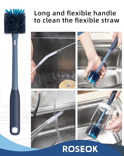 2in1 Bottle Scrubbing Brush with Straw Brush has Long and Comfortable Handle, Cleaning Glass, Sports Bottle, Coffee Mug,1 Pack, Grayish Blue