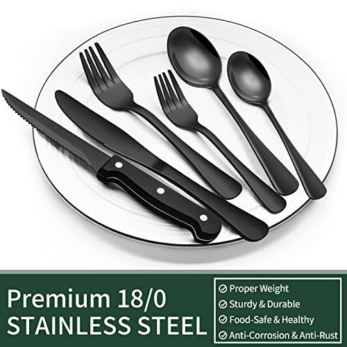 EWFEN 24-Piece Black Silverware Set with Steak Knives, Black Flatware Set for 4, Food-Grade Stainless Steel Tableware Cutlery Set, Mirror Finished Utensil Sets for Home Restaurant, Round Edge