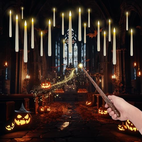 Homemory 20PCS Floating Candles with Wand Remote, Flameless Hanging Taper Candle with Flickering Warm Light, Battery Operated Magic Deco Candles for