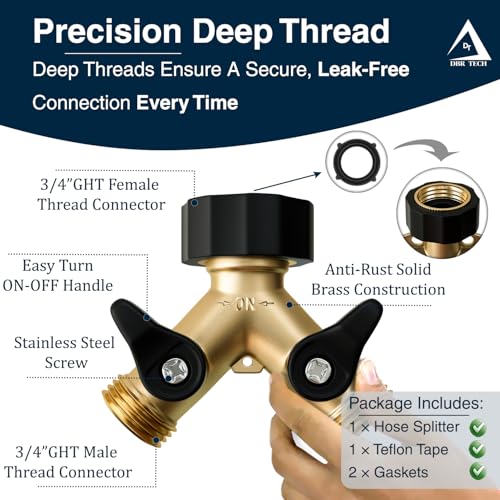 DBR Tech® Heavy Duty 2 Way Hose Splitter (Premium Brass for Superior Durability), Wye Garden Hoses Connector for Water Spigot Faucet Bib Tap, Double Shut Off Valve, Y Adapter, Rust-Resistant Finish
