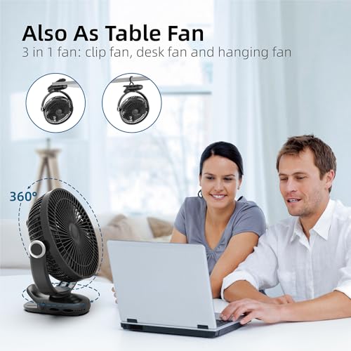 10000mAh 30hrs Portable Fan Rechargeable, 8-Inch Battery Operated Clip on Fan, USB Fans, 4 Speeds, Strong Airflow, Sturdy Clamp for Golf Cart Office Desk Outdoor Travel Camping Bed Truck Treadmill