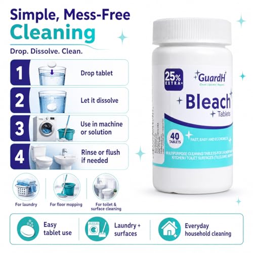 Bleach Tablets for Laundry & Household Cleaning – 40 Count Fast Dissolving Bleach Tabs for Washer, Toilet, Bathroom & Kitchen – Liquid Bleach Alternative – GuardH