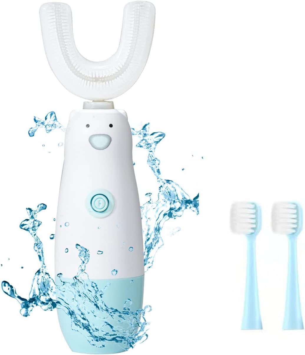 Meqtpomy Kids Electric Toothbrush,Toddler Toothbrush Waterproof Battery Powered 360 Automatic Sonic u Shaped Toothbrushes for 2-7 Years Old for Boys Girls,with 2 Replacement Brush Heads(Blue)