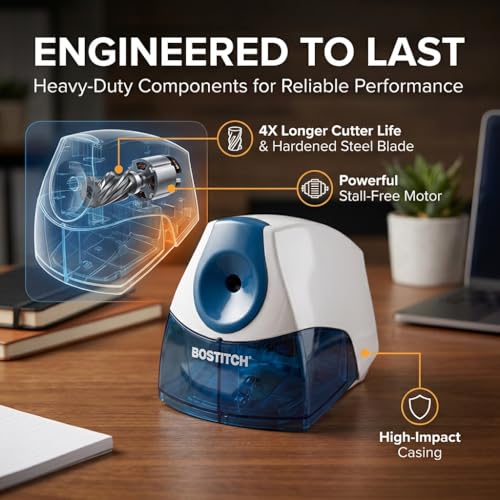 Bostitch Office Electric Pencil Sharpener for Classroom & Desk Use, Heavy-Duty Stall-Free Motor, High-Capacity Shavings Tray, Blue