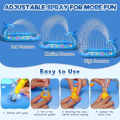 Splash Pad for Toddlers, 3-in-1 Dolphin Inflatable Baby Pool Sprinkler for Kids, Baby Splash Pads Outdoor Play Mat, Backyard Summer Water Toys Birthday Gift for 1+ Year Old Girls Boys