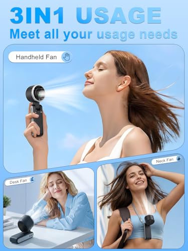 Portable Handheld Turbo Fan, 5 Gear Wind, Battery Operated, Up to 13 Working Hours Rechargeable Fan, 3 IN 1 Hand Fans with Air Turbo Tech Cooling Fan for for Travel, Beach, Outdoor - Black