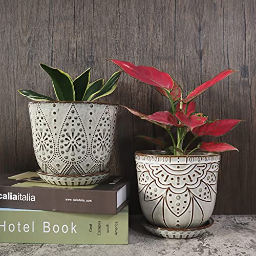 Gepege 6 Inch Beaded Ceramic Planter Set of 2 with Drainage Hole and Saucer for Plants, Indoor-Outdoor Large Round Succulent Orchid Flower Pot (Smoked Gray, Inner-pots not Larger Than 5 Inch)