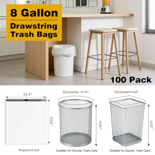 8 Gallon Trash Bags with Drawstring, 30 Liter Medium Garbage Can Liners, Leak-Proof Bathroom Trash Bags for Waste Baskets, Office & Bedroom Trash Cans, 100 Count