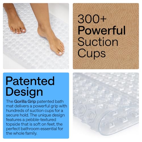 GORILLA GRIP Patented Bath Tub Shower Mat, Machine Washable Bathtub Floor Liner Mats, Suction Cups and Drain Holes to Keep Tubs Clean, Soft on Feet, Bathroom Essentials, 35x16 Inch, Clear