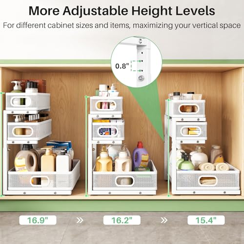 Kitstorack Under Sink Organizer, 2-Pack 3-Tier Height Adjustable Thickened Metal Pull out Cabinet Organizer Shelf