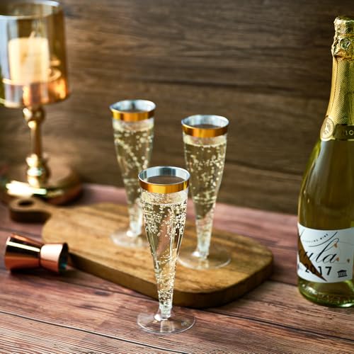 FOCUSLINE 50 Pack Plastic Champagne Flutes, 4.5 Oz Gold Rim Disposable Champagne Glasses for Wine, Cocktails, Mimosas, Disposable Clear Toasting Glasses, Perfect for Parties and Any Celebrations