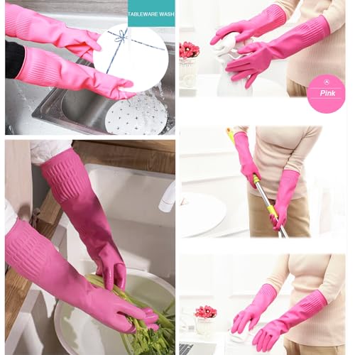 Bamllum 3 Pairs of Rubber Dishwashing Gloves for Kitchen and Household Cleaning – Long Cuff 15", Reusable, Flexible Long-lasting and Non-Slip (Red+Yellow+Green, Large)