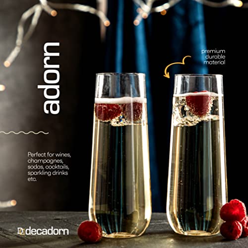 DECADORN Clear Stemless Champagne Flutes Plastic 48 Pack, Made in USA, 9oz Plastic Champagne Glasses - Durable and Sturdy Mimosa Glasses For Parties - Shatterproof, Recyclable, BPA-Free, Smooth Rims