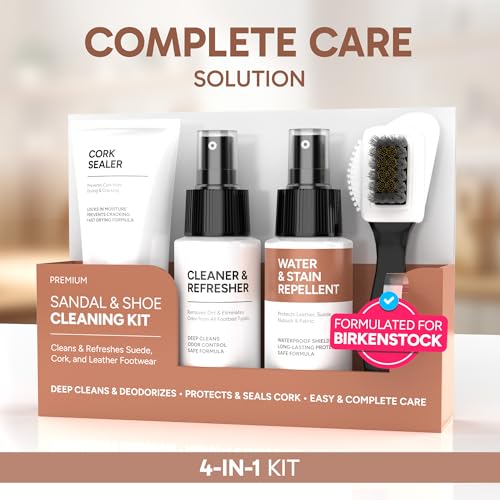 FORTIVO 4-in-1 Sandal and Shoe Cleaning Kit for Birkenstock – Premium Care Kit Safe for Leather, Suede, Nubuck & Cork - Includes Sealer, Protector Spray, Cleaner & Brush