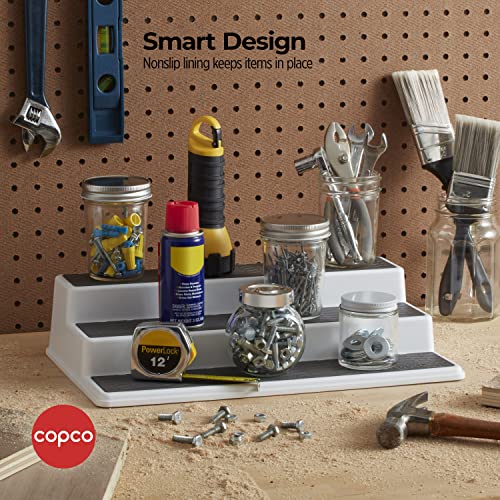 Copco 3-Tier Non-Skid Spice Rack Organizer for Kitchen Cabinet or Pantry, 15-Inch Tiered Shelf, White/Gray, Slip-Resistant Design for Jars and Bottles